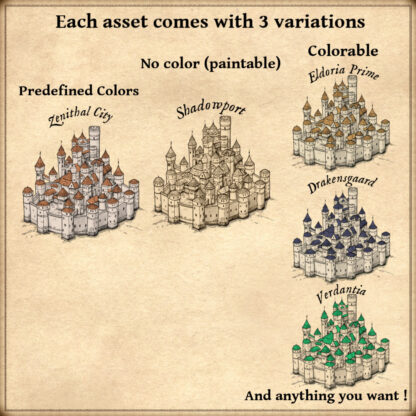 wonderdraft assets, cartography symbols with fortified fantasy medieval cities and fortified fantasy medieval towns