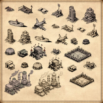 post-apocalyptic destroyed buildings, ruined buildings, rubble, wonderdraft assets, vintage cartography symbols, fantasy map symbols, inkarnate