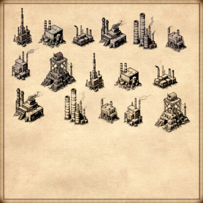 wonderdraft assets, wonderdraft symbols, factories, smokestack industries, post-apocalypse assets; gimp, photoshop, vintage cartography assets