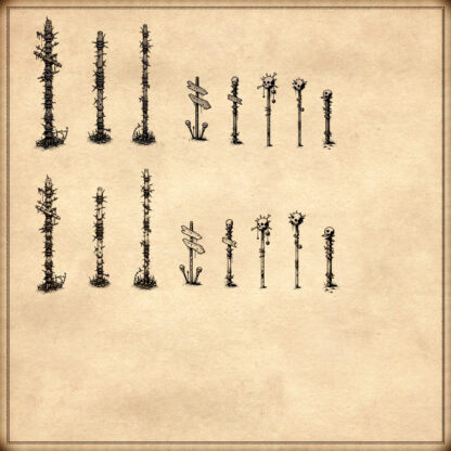 post-apocalyptic mad max scarecrows, skulls, skeletons, wonderdraft symbols, fantasy map elements, cartography assets