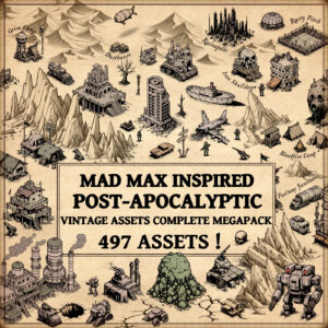 post-apocalyptic map assets, mad max cartography assets, fantasy map symbols, city, cities, towns, outposts, factories