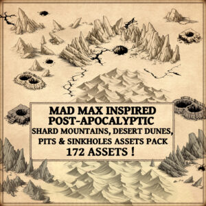 post-apocalyptic mad max map assets, cartography symbols, desert dunes, sinkholes, shard mountains, rifts, pits, wonderdraft