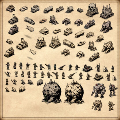 post-apocalyptic vehicles, vintage cartography symbols, vintage landmarks, mad max assets, inkarnate, wonderdraft assets