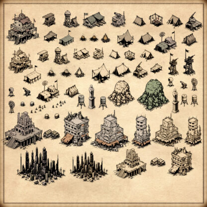 post-apocalyptic fantasy map symbols, mad max outposts and cities, slime, vintage cartography assets