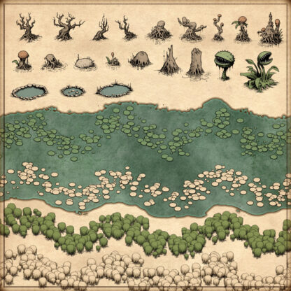 willow trees, dead trees, marsh trees, swamp trees, lily pads, fantasy map assets, vintage cartography assets