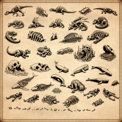 Wonderdraft assets, skeletons, lying on the ground, carcasses, skulls, bones, vintage cartography assets