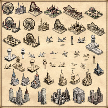 wonderdraft assets, vintage map assets, amusement park, roller coasters, ferris wheel, urban buildings, cities, towns, airports