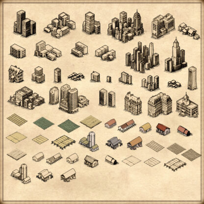 wonderdraft assets, farmlands, farmland assets, farmland symbols, fields, farms, city, cities, skyscrapers, modern map assets