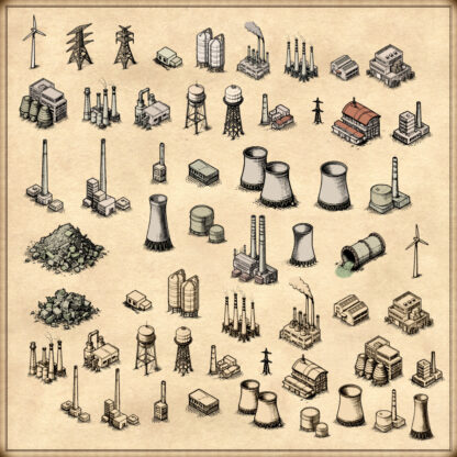 cartography assets industrial buildings, Wonderdraft map assets, photoshop, gimp, industrial map icons, power plants, nuclear plants