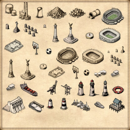 modern wonderdraft assets, stadiums, stadium, monuments, lighthouse, landfill, sewers, cartography assets and symbols