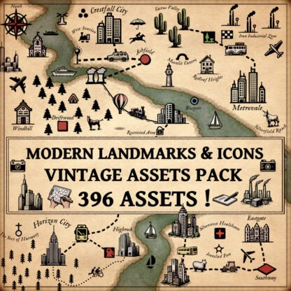 Wonderdraft assets, modern landmarks, fantasy map resources, vintage cartography assets, cities, towns, vehicles, bus