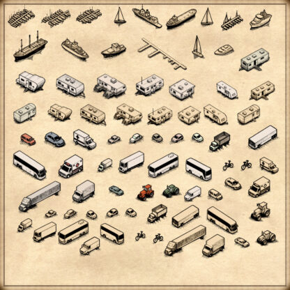 fantasy map elements, wonderdraft assets, vehicles, bus, cars, boats, cargo ships, cruise ships, ambulances