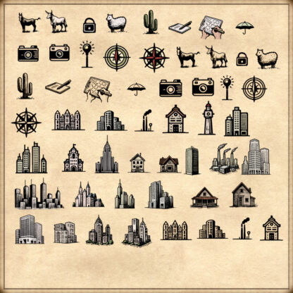 vintage cartography assets, city landmarks, livestock landmarks, compass roses, house symbols, wonderdraft map assets