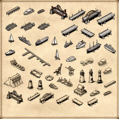 Wonderdraft resources, cartographic resources, fantasy map assets, bridges, docks, lighthouse, marina, port, sailing ships