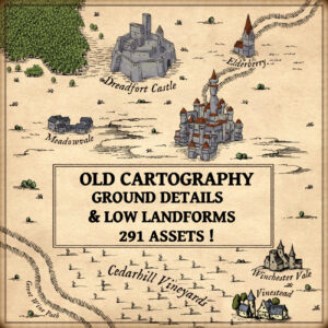 Wonderdraft assets, shrubland, shrubbery, low landforms, shading lines, old cartography roads, paths, vintage cartography assets