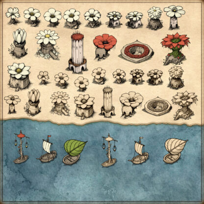 elf ships, goblins, fairies, Wonderdraft assets, flower buildings, fairy tale houses, fairy tale map assets