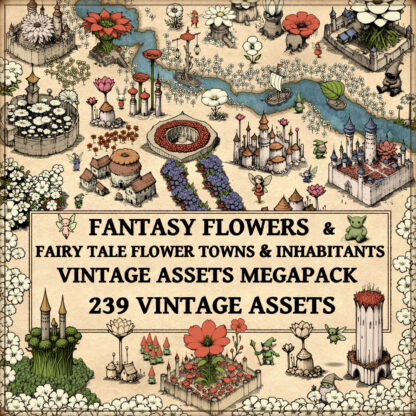 Wonderdraft assets, fantasy flowers, flowered towns, flowered dungeons, fairy tale map assets, vintage cartography assets