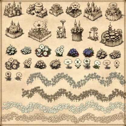 flowers, blossoms, fortified city, fantasy map resources, cartography assets, wonderdraft assets, flowered villages, fairy tale villages