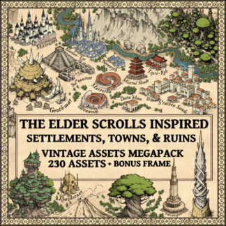 The Elder Scrolls settlements, towers, orsimer buildings, Bosmer Buildings, Argonian buildings, Altmer towns, Wonderdraft assets pack