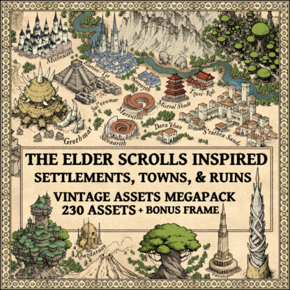 The Elder Scrolls settlements, towers, orsimer buildings, Bosmer Buildings, Argonian buildings, Altmer towns, Wonderdraft assets pack