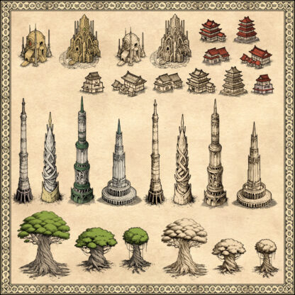 The Elder scrolls map assets, Wonderdraft resources, Graht-oak trees, Dwemer ruins, white-gold tower, towers