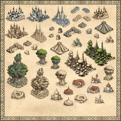 Wonderdraft assets, fantasy map resources, Bosmer tree towns, Altmer cities, Dunmer towns and villages, cartography assets