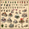 Flowers, flowered buildings, flower houses, fairy tale houses, fairy tale towns and city, fantasy map symbols