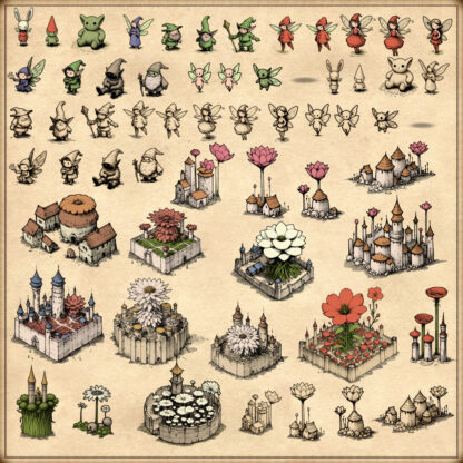 Flowers, flowered buildings, flower houses, fairy tale houses, fairy tale towns and city, fantasy map symbols