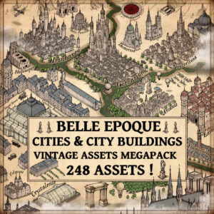 Fantasy map assets, Belle Epoque map assets, city symbols, building map symbols, Gimp, Photoshop, Wonderdraft assets