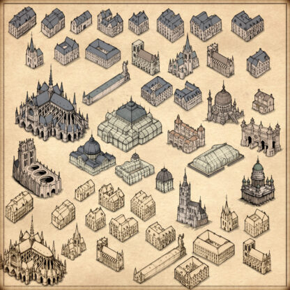 Fantasy map assets, gothic cathedrals, Haussmannian buildings, wonderdraft symbols, cartography structures, belle epoque era