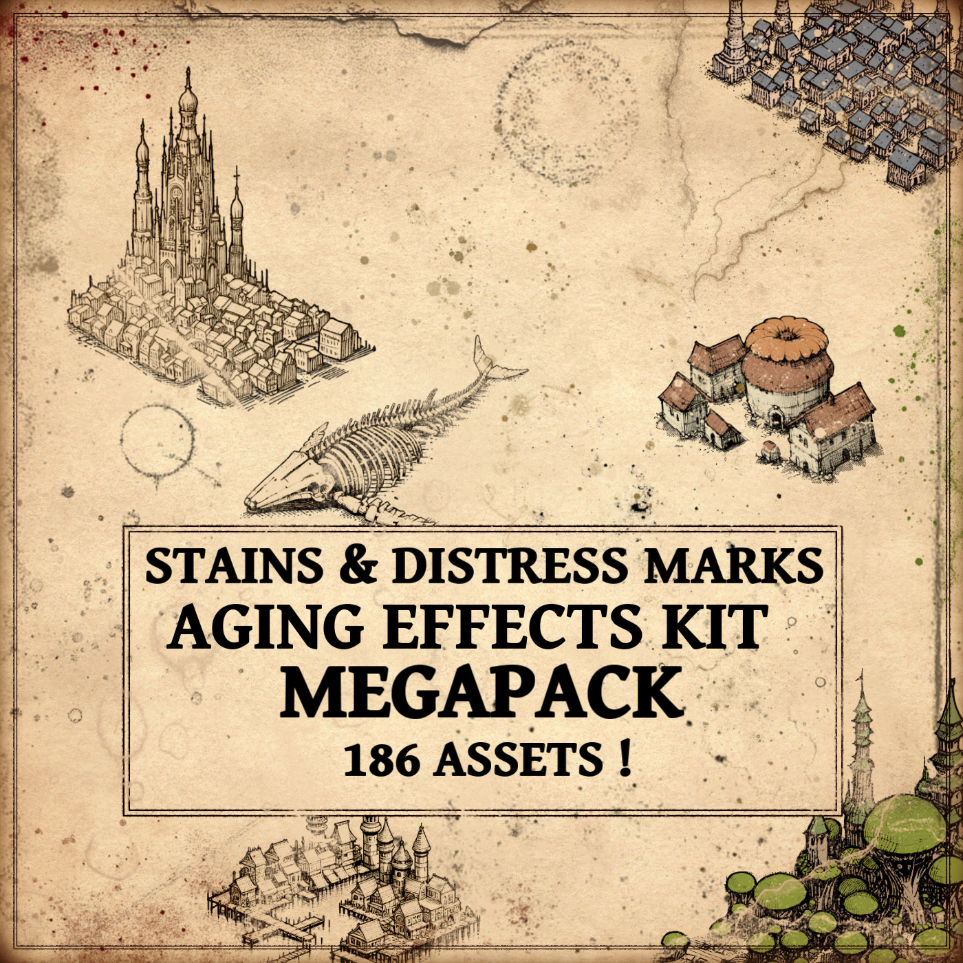 Fantasy map assets, distressed marks, paper damaged, stains, Wonderdraft assets, Fantasy map symbols, aging effects kit