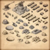 World war 2 bunkers, fantasy map assets, vintage cartography assets, artillery pieces, foxholes