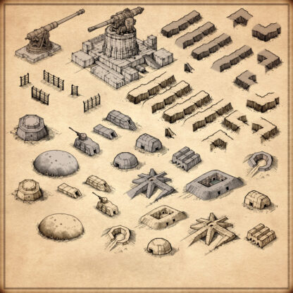 World war 2 bunkers, fantasy map assets, vintage cartography assets, artillery pieces, foxholes