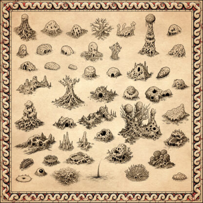 fleshscape landmarks, POIs, POI, Wonderdraft symbols, fantasy map assets, brain mounds, flesh hills