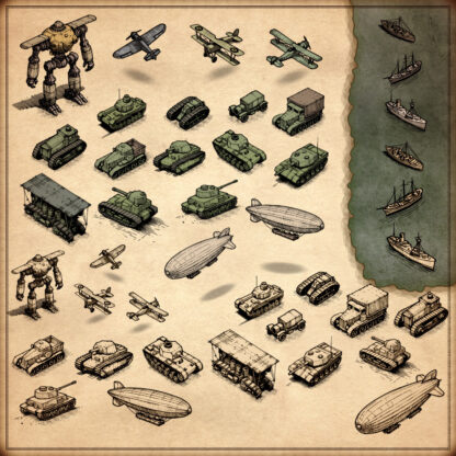 WW2 map assets, Wonderdraft assets, Vintage cartography assets, Inkarnate, Tanks, zeppelins, military trucks, war mech