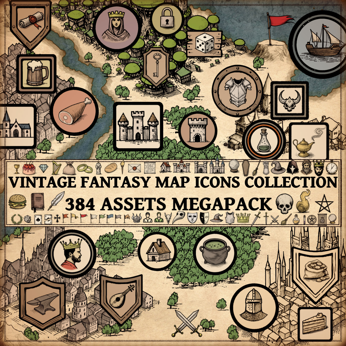 Wonderdraft assets, fantasy map icons like king figure, medieval shops, vintage cartography assets