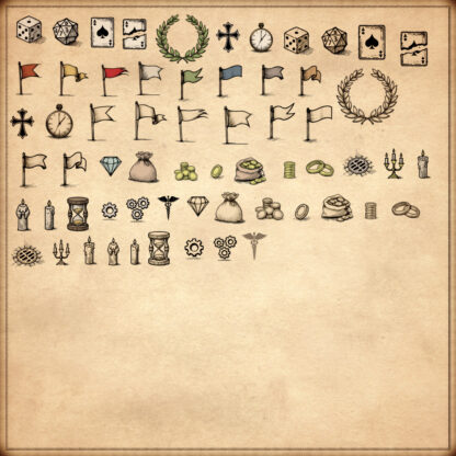 flags, Wonderdraft assets, fantasy map resources, leather pouches, golden coins, dice, photoshop, Inkarnate