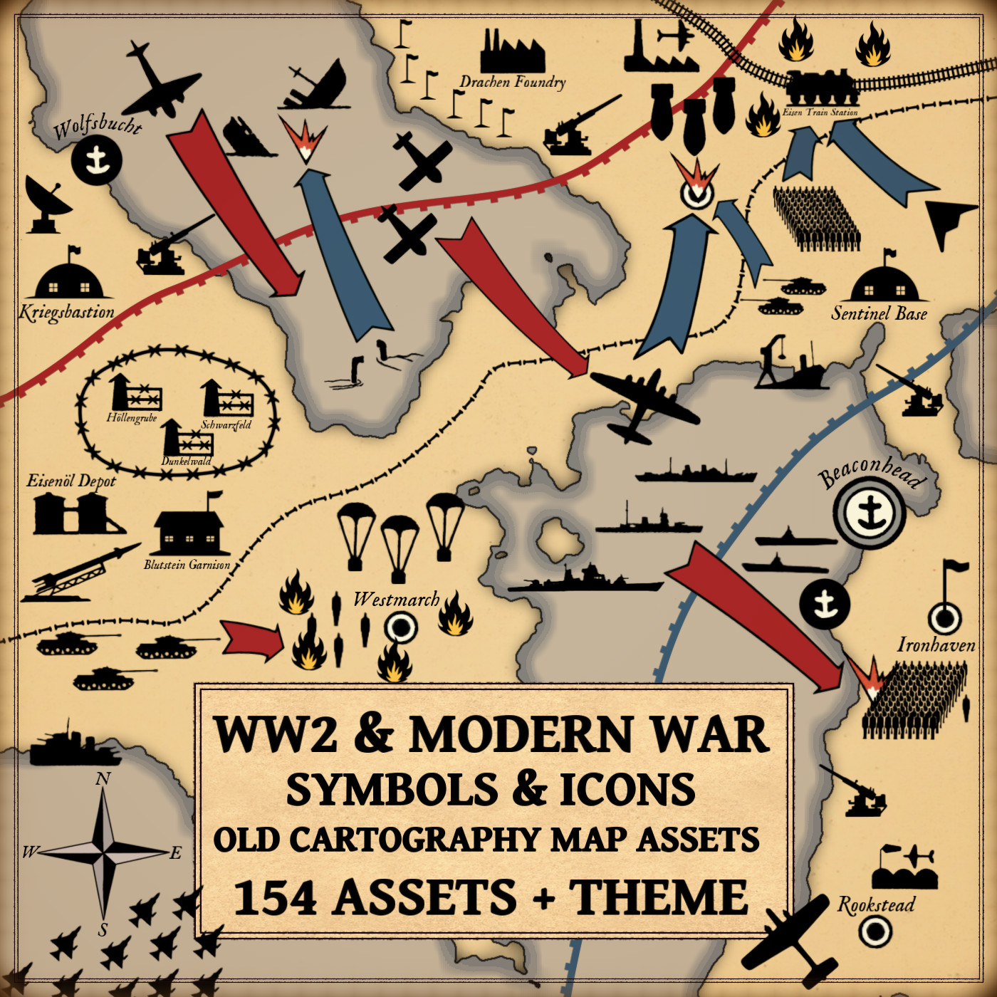 WW2 map symbols, Wonderdraft assets, arrows, barracks, military base, units, tanks, planes, ships, modern war