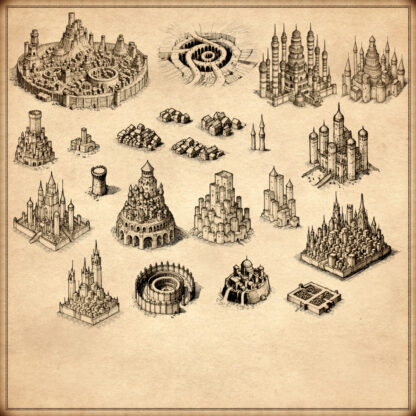 fantasy medieval tiered towns, elf cities, Wonderdraft assets, vintage cartography assets, fantasy map assets