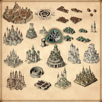 medieval fantasy imperial settlements, medieval fantasy high elf towns, Wonderdraft assets, fantasy map icons,, imperial towns