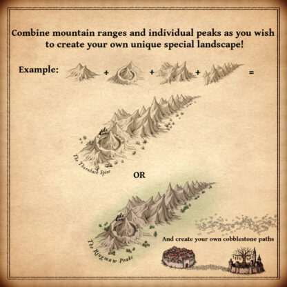 Fantasy map icons, Wonderdraft, Inkarnate symbols, isometric mountains map assets, vintage map assets, antique map symbols
