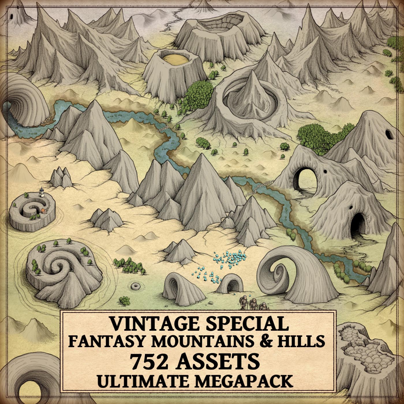 Wonderdraft assets, rolling hills, fantasy mountains, peaks, vintage cartography assets, fantasy map icons