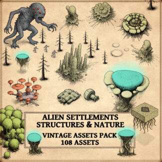 Wonderdraft assets, alien settlements, vintage cartography assets, fantasy map icons, bioluminescent mushrooms
