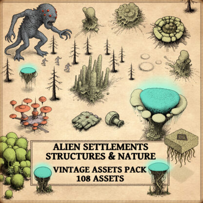 Wonderdraft assets, alien settlements, vintage cartography assets, fantasy map icons, bioluminescent mushrooms