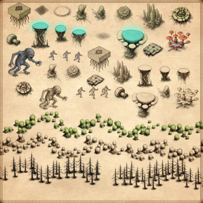 cartography assets, tree assets, Wonderdraft trees, dead trees, aliens, alien structures, fantasy map elements