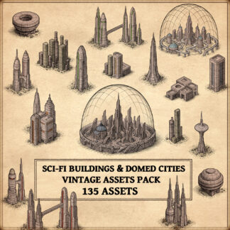 sci-fi buildings, domed cities, vintage assets pack, cartography assets, wonderdraft map assets, sci-fi landmarks