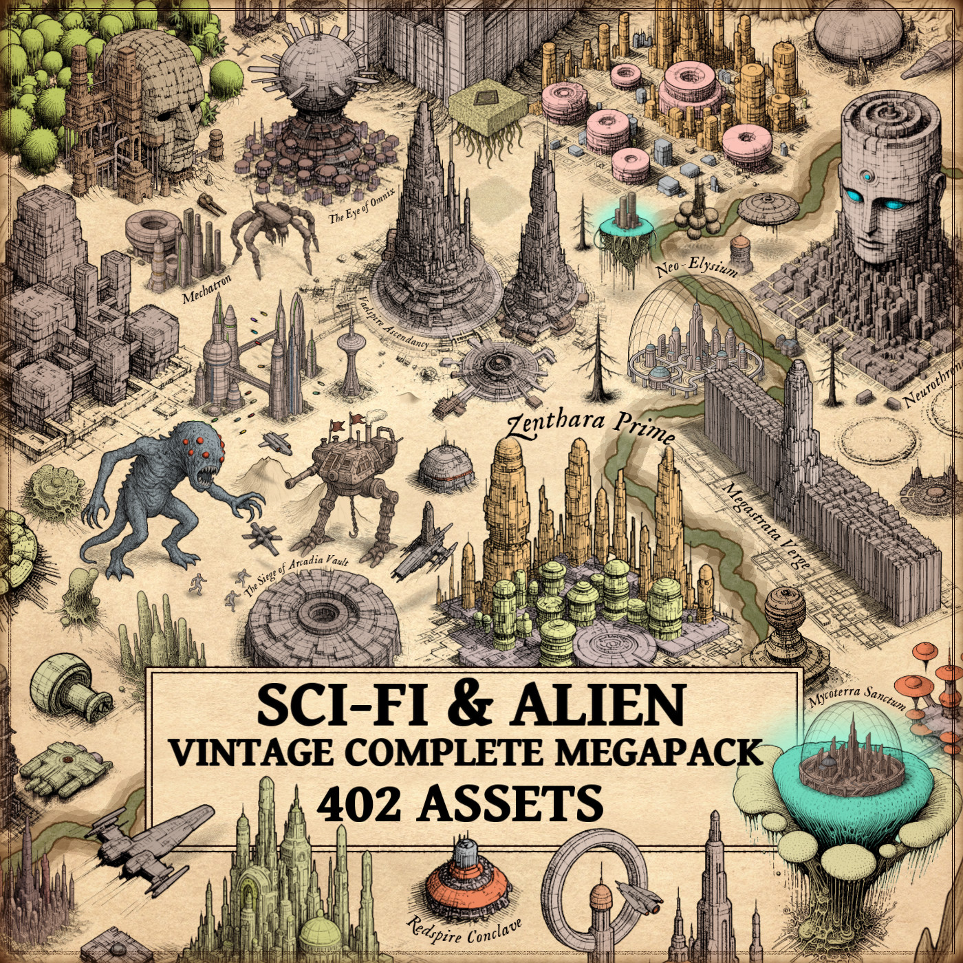 Sci-fi map assets, Wonderdraft assets, alien settlements, alien flora, sci-fi towns, scifi city, Inkarnate