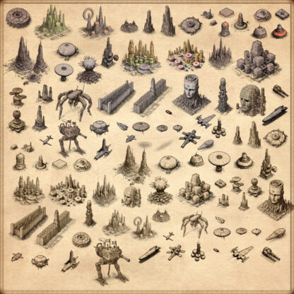 Wonderdraft assets, spaceships, futuristic vehicles, futuristic cities, sci-fi settlements, futuristic settlement, vintage cartography landmarks