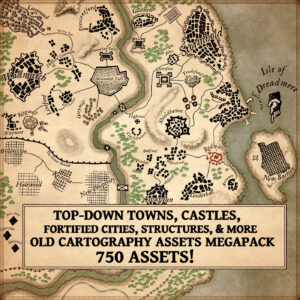 top-down assets, Vintage cartography assets, fantasy map icons, towns, cities, buildings, Wonderdraft, Inkarnate