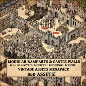 Fantasy map icons, isometric assets, castle walls, ramparts, gargoyles, flags, Inkarnate, Wonderdraft